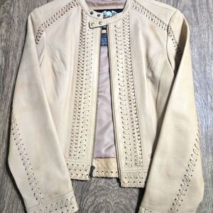 Women's Small Vintage Harley Davidson Cream Leather Biker Jacket